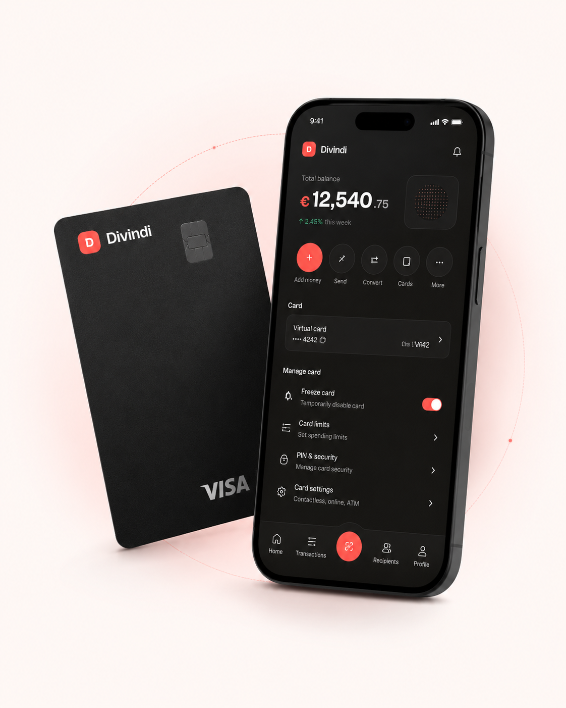 Divindi Black card and the Divindi card management screen